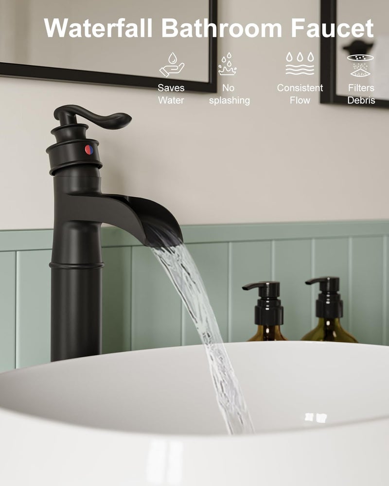 BWE Vessel Sink Faucet Waterfall Matte Black with Pop Up Drain Without Overflow and Supply Lines, Black Sink Faucet Bathroom One Handle Faucets Vanity Bath Mixer Tap - Image 4